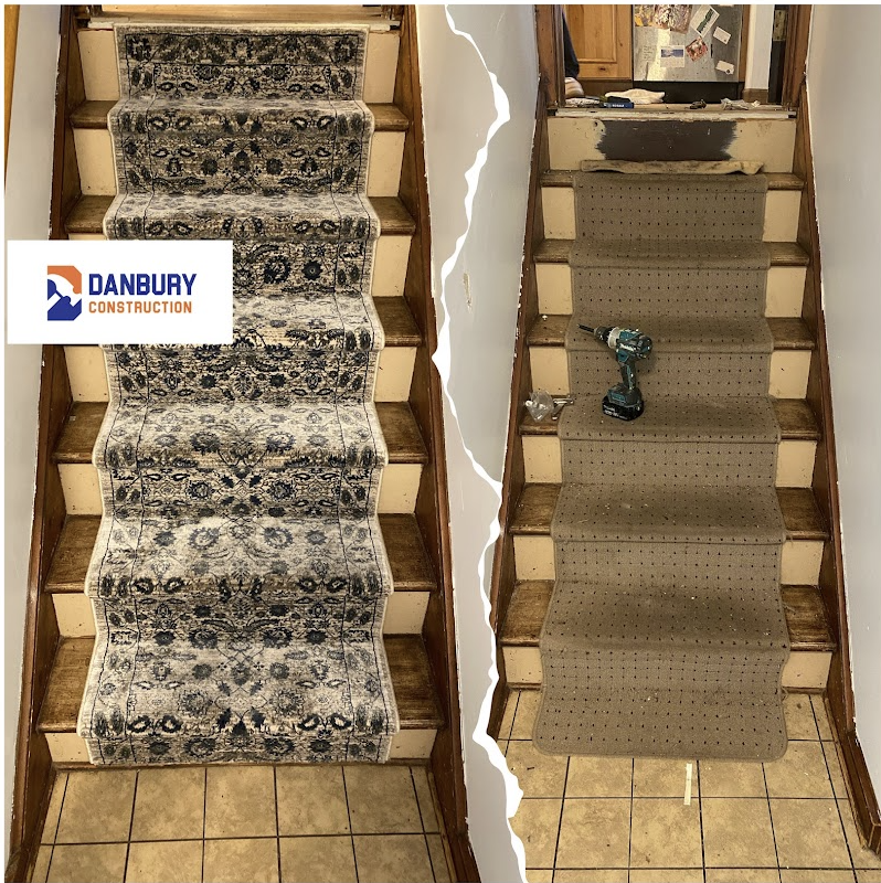 Stair runner before and after, with the finished patterned runner on the left